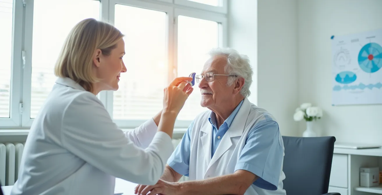 Senior essayant un appareil auditif moderne chez un audioprothésiste