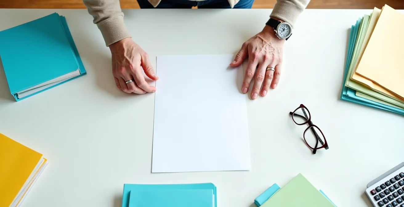 Personne senior préparant méticuleusement un dossier administratif sur une table bien éclairée