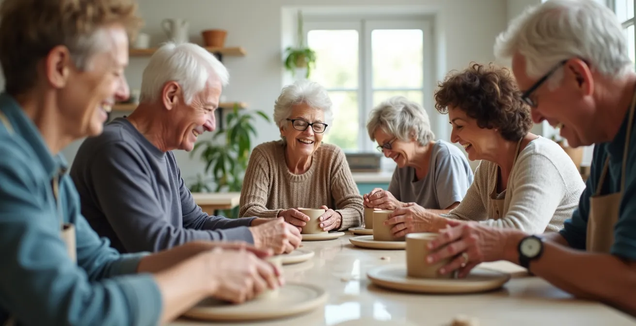 Groupe de seniors partageant une activité créative autour d'une table dans un espace lumineux