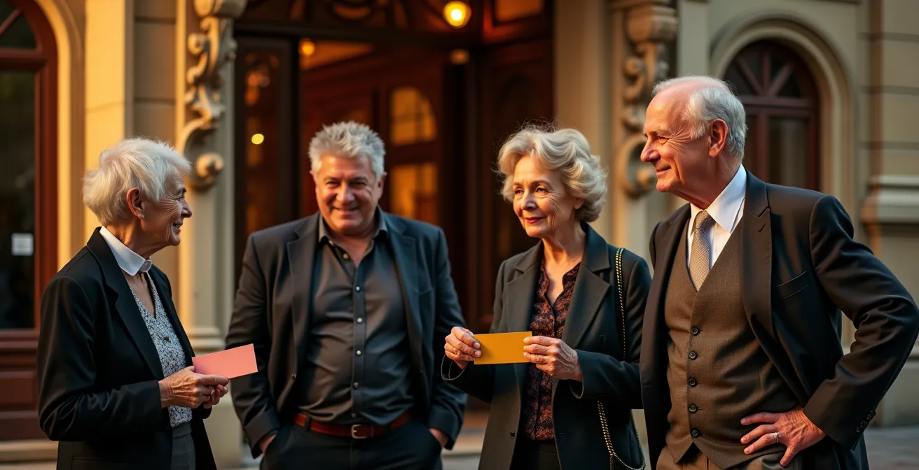 Groupe de seniors élégants devant l'entrée d'un théâtre historique lors d'une sortie culturelle