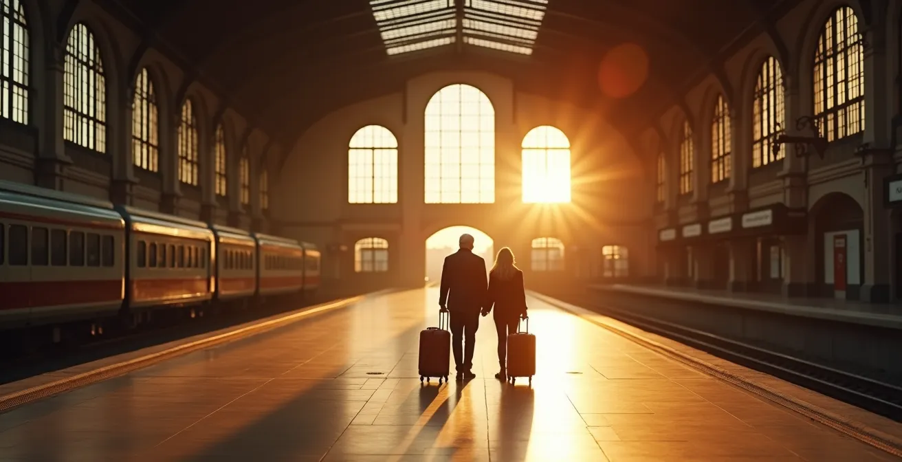 Couple de seniors avec bagages dans une gare historique sous lumière dorée d'automne