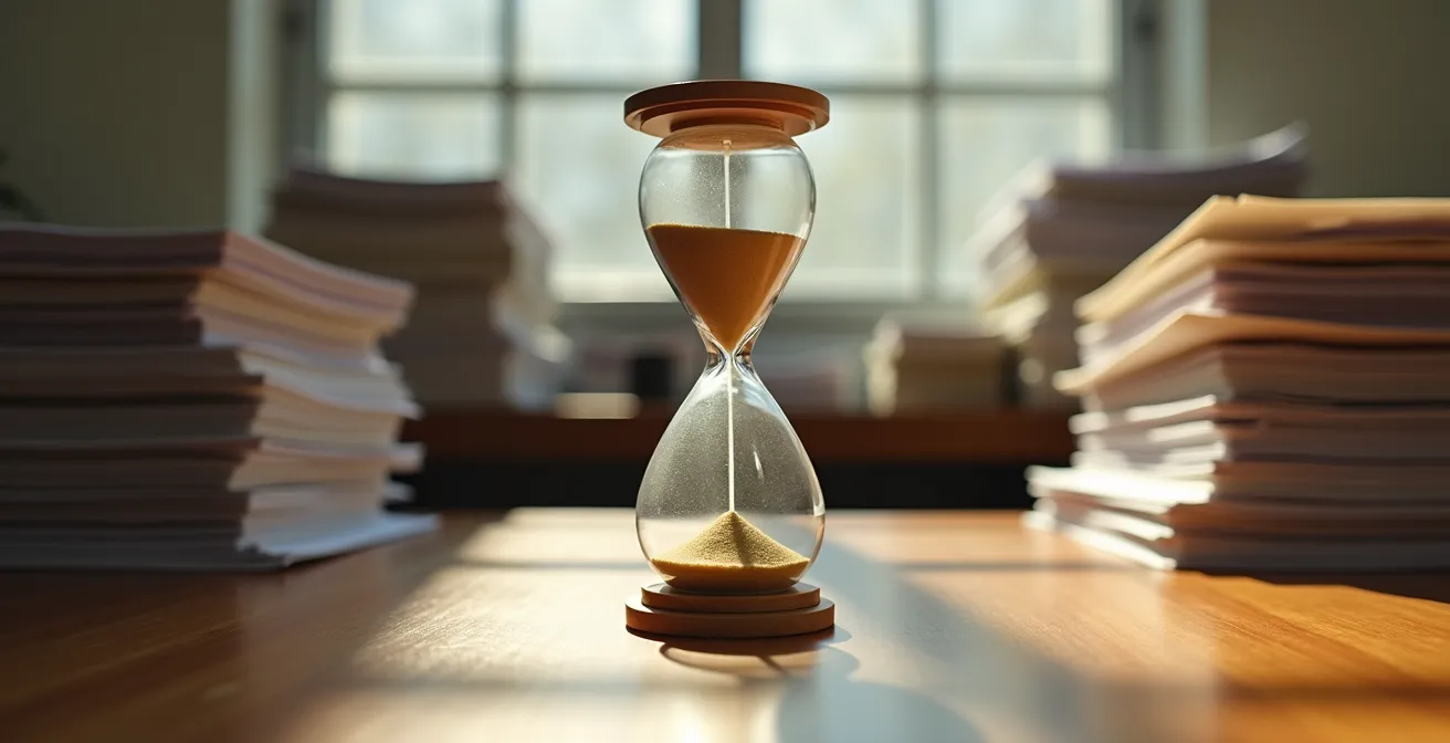 Sablier sur un bureau avec des documents notariés en arrière-plan, symbolisant le temps qui passe et la valeur qui se fige.