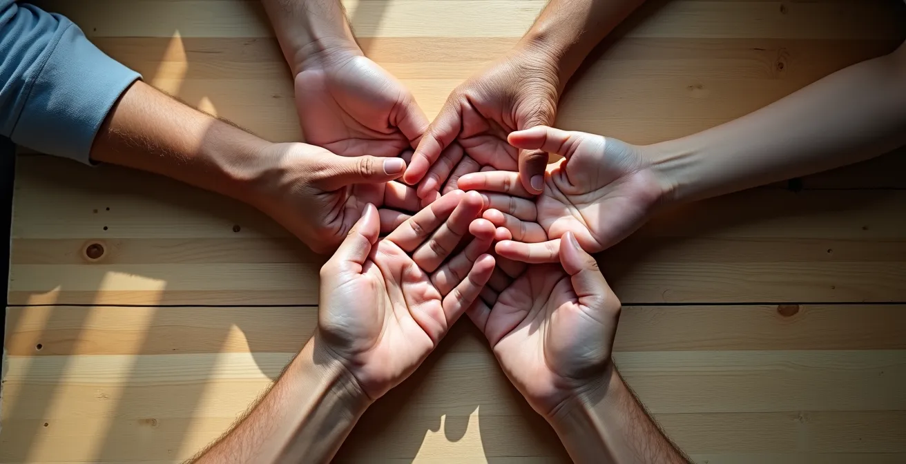 Mains de différentes générations se touchant symbolisant la transmission