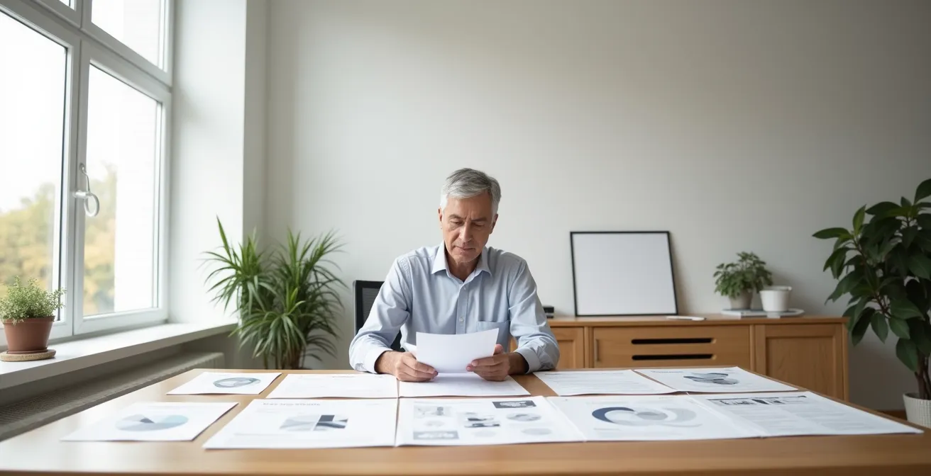 Senior vérifiant ses documents de validation de trimestres avec soin