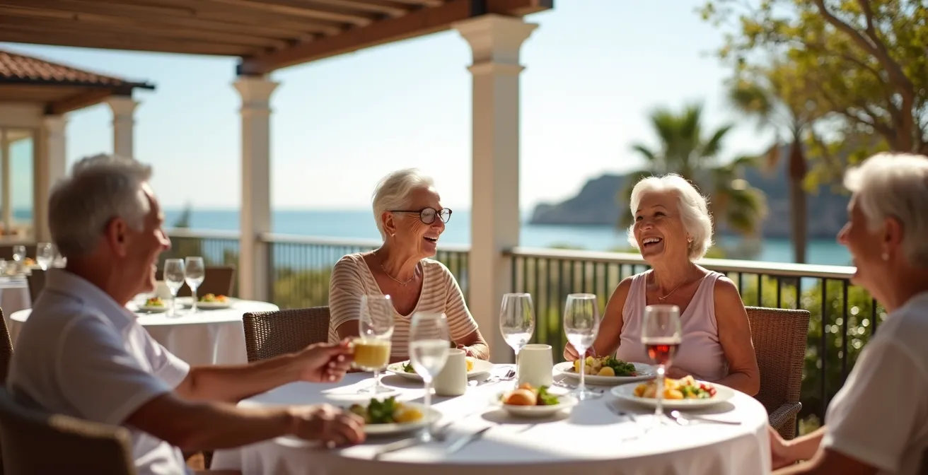 Groupe de seniors partageant un repas convivial en terrasse de village vacances