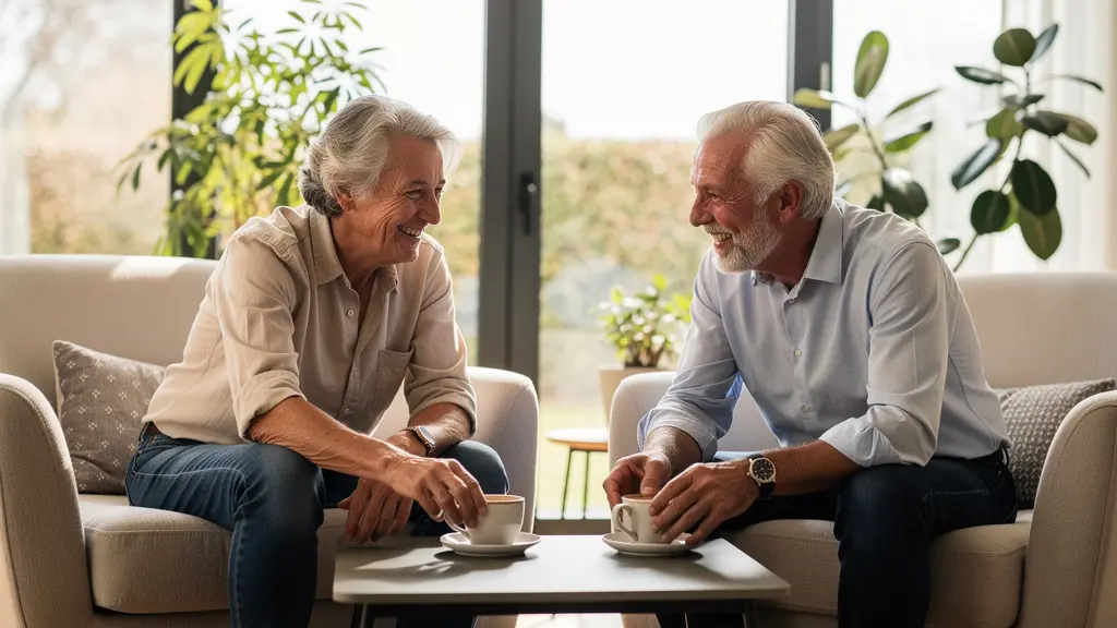 Espace commun lumineux d'une résidence senior avec résidents discutant