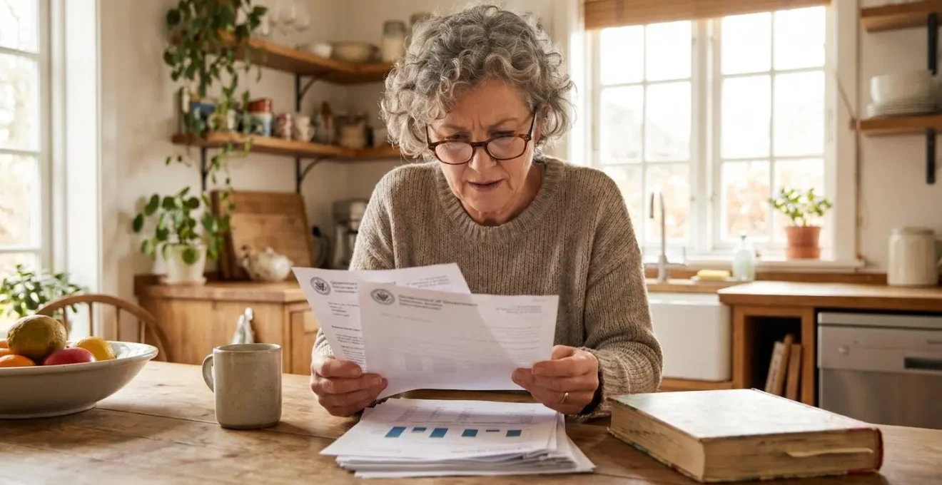Femme d'uneioxantaine d'années vérifiant des documents administratifs posés sur une table en bois, expression concentrée