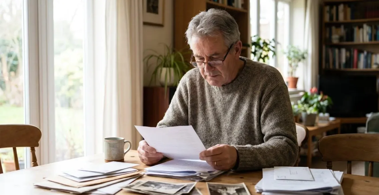 Homme senior à sa table, examinant attentivement des documents administratifs liés à sa carrière, lumière naturelle d'une fenêtre