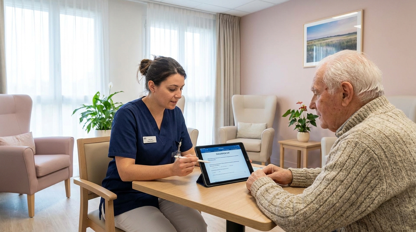 Une infirmière évaluatrice assise face à un homme senior, remplissant une grille d'évaluation GIR sur tablette dans une chambre d'EHPAD contemporaine en France.