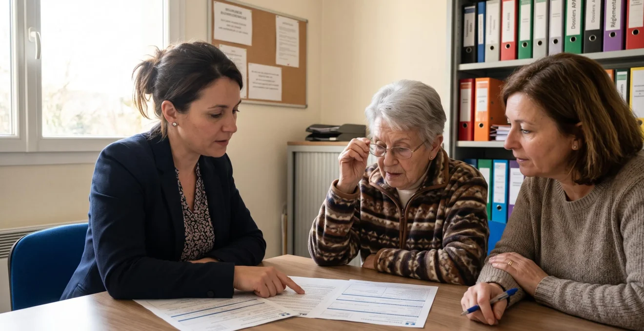 Une conseillère en aide sociale assise à une table avec une femme senior et sa fille, consultant ensemble des formulaires administratifs dans un bureau lumineux de service social en France.