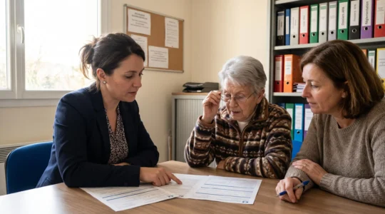 Une conseillère en aide sociale assise à une table avec une femme senior et sa fille, consultant ensemble des formulaires administratifs dans un bureau lumineux de service social en France.