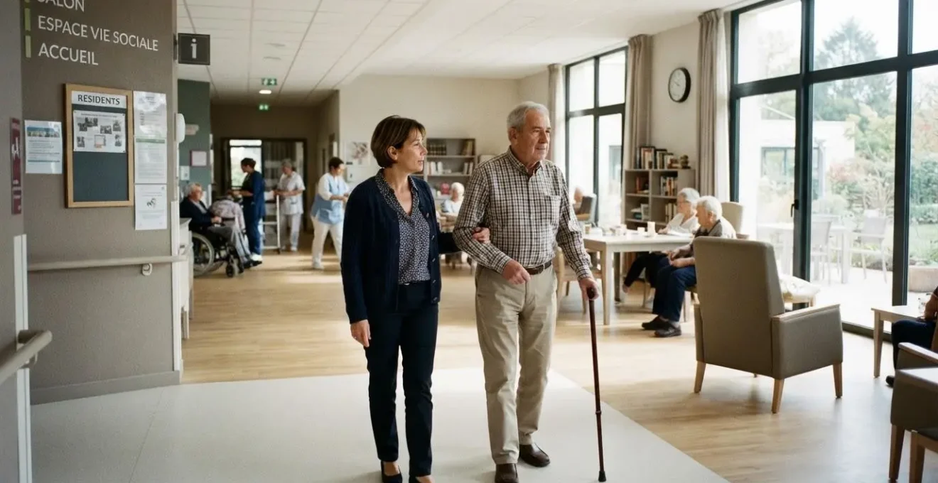 Une femme et son parent senior marchant dans un couloir lumineux d'EHPAD contemporain en France, découvrant les espaces communs lors d'une visite.